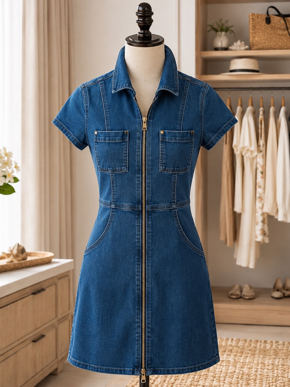 Guess Blue Denim Zip-Front Short Sleeve Dress